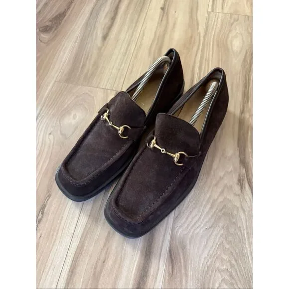 Gucci Mens Dark Brown Chocolate Suede Gold Horse-bit Buckle Loafers Size 10 - Picture 12 of 14